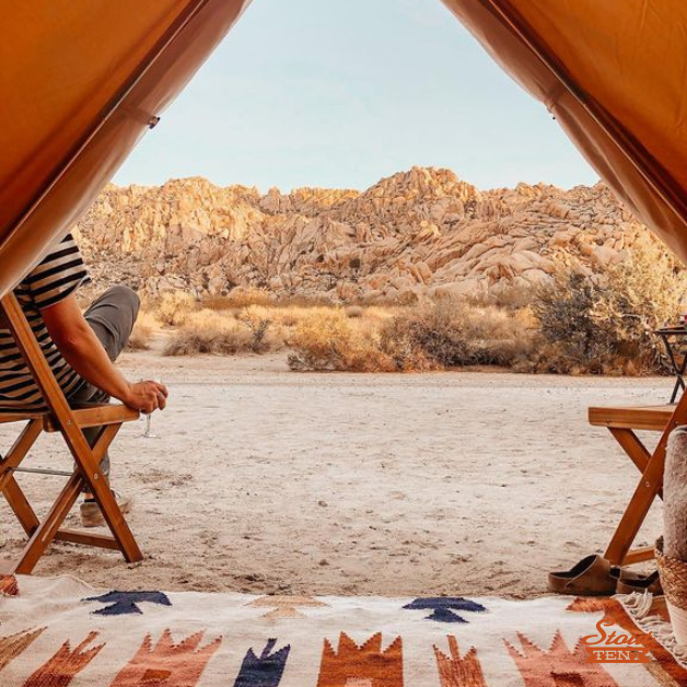 Luxury 5M Pro Double-door Stout Bell Tent pitched on a professional desert platform with a sun-shade fly.