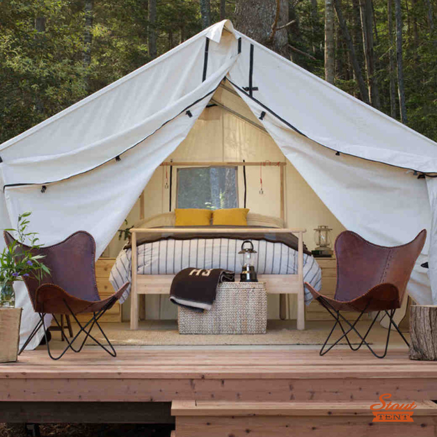 Luxury 5M Pro Double-door Stout Bell Tent interior with cozy Pacific Northwest styling and cross-ventilation.