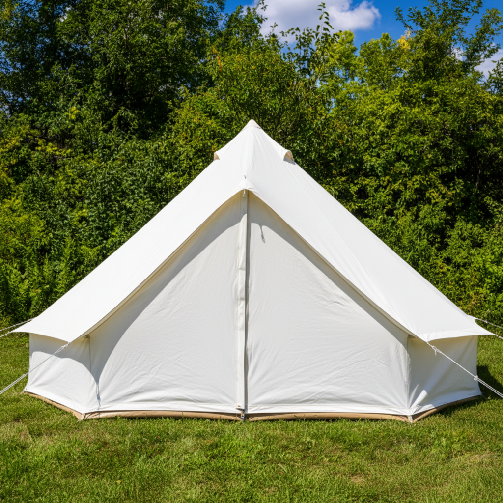 Beige tent on grass in a forest setting