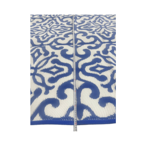 Close up of two half-moon blue and white rugs lined up with each other