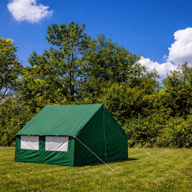 Green wall tent in a grassy area with trees and blue sky