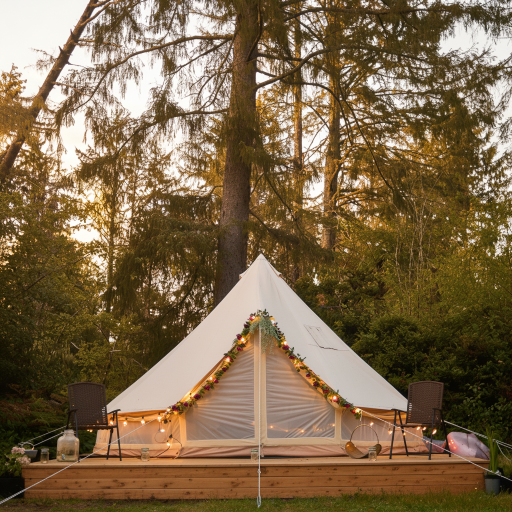 Bell tent with string lights in a forest setting