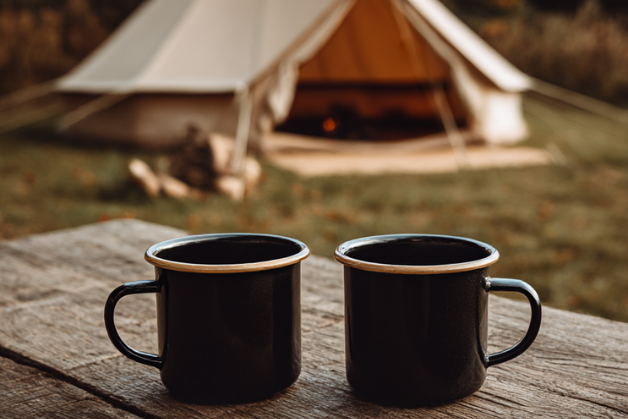 Two black mugs on a wooden table with a tent in the background