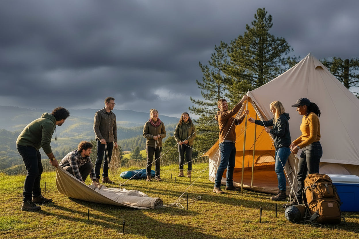 Group of people setting up a tent in a scenic outdoor setting with trees and mountains in the background.