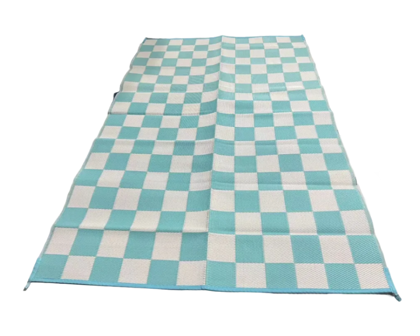 Checkered fabric with blue and white pattern on a larger patterned fabric background