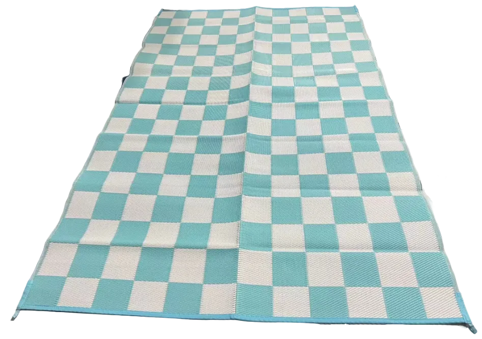 Checkered fabric with blue and white pattern on a larger patterned fabric background