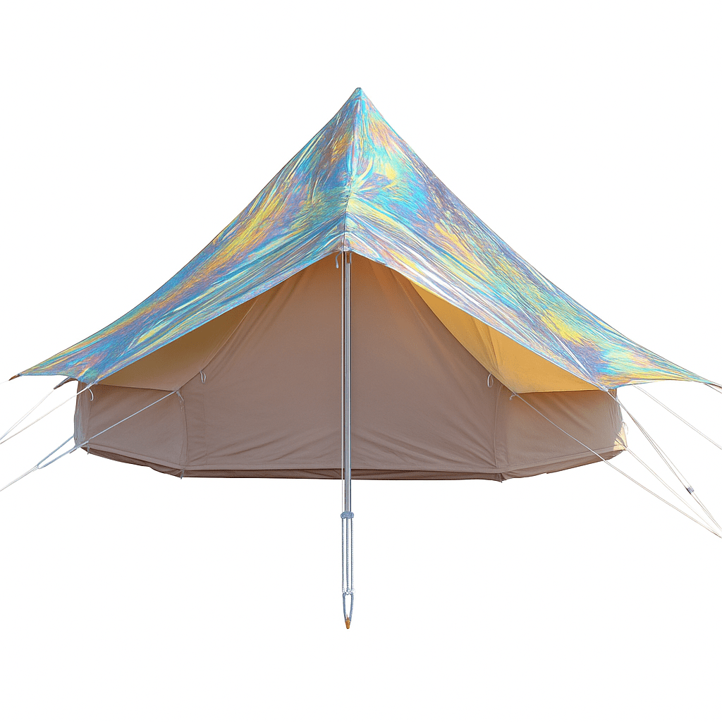 Camping tent with iridescent top and beige body on a white background