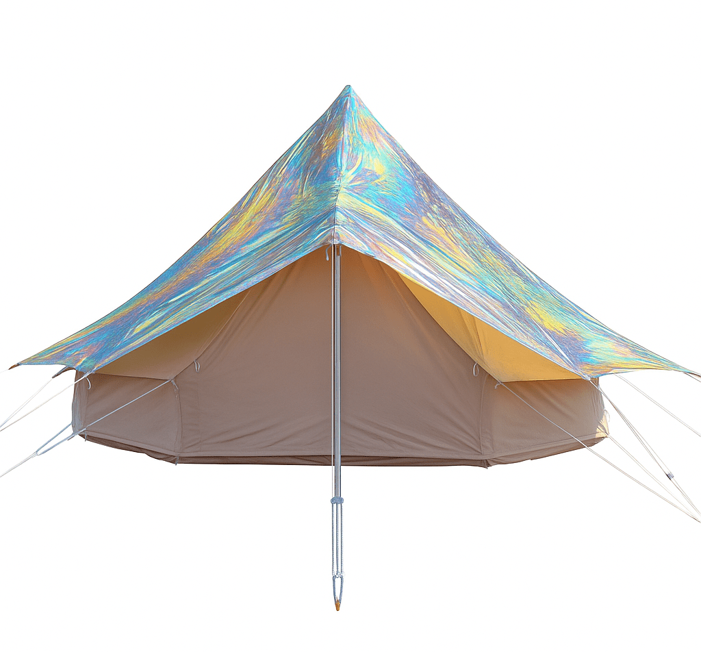Camping tent with iridescent top and beige body on a white background