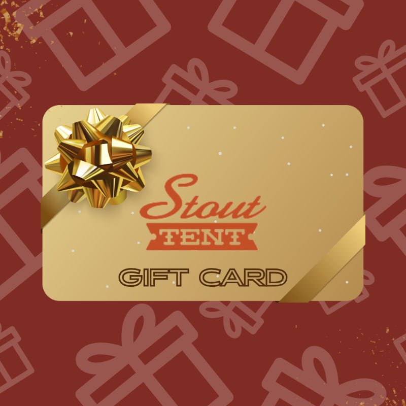 Gift card with a gold bow on a red background with gift box patterns