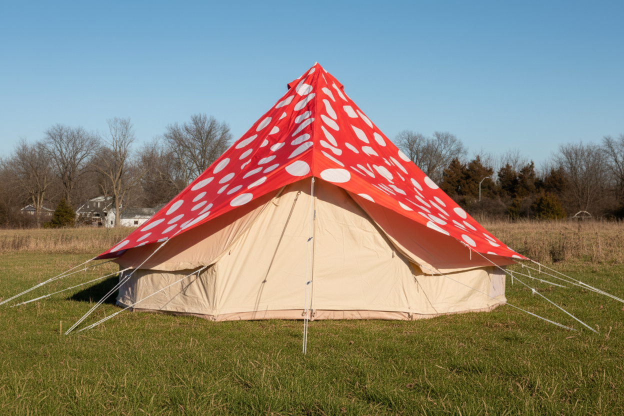 Mushroom rainfly on beige bell tent in a snowy landscape