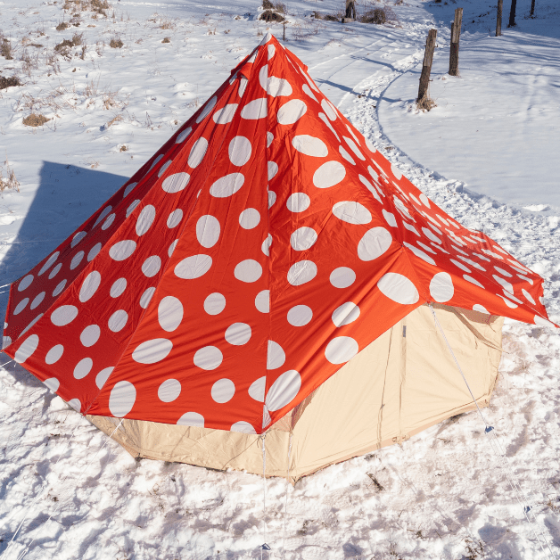 Mushroom rainfly on tent in a snowy landscape