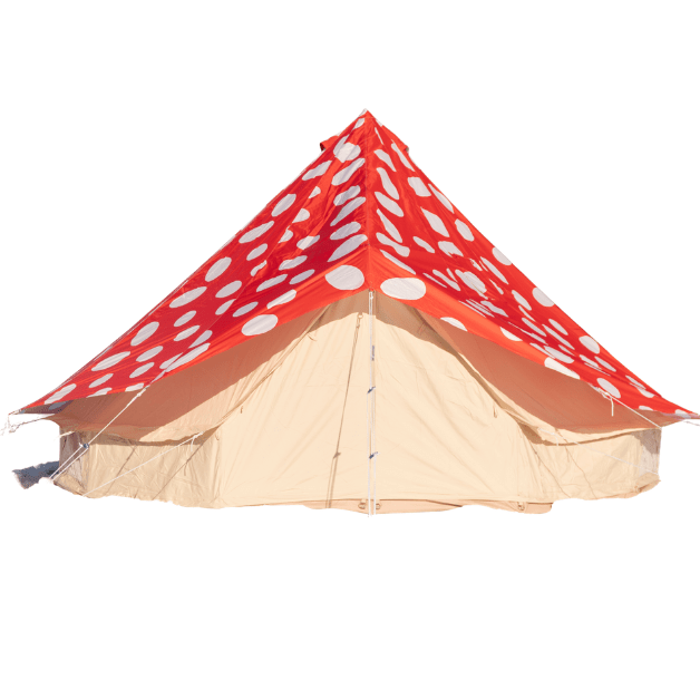 Red and white mushroom polka dot rainfly on tent on white background