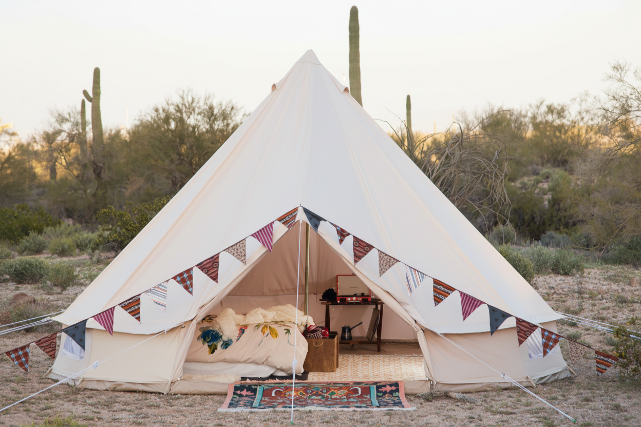 Bell tent with interior decor in a desert setting