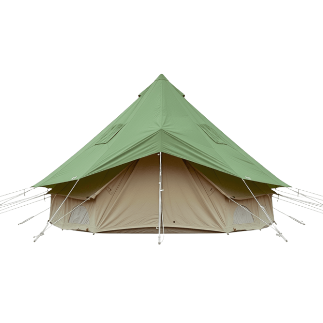 A green and beige bell tent pitched outdoors in a wooded area covered with fallen autumn leaves.
