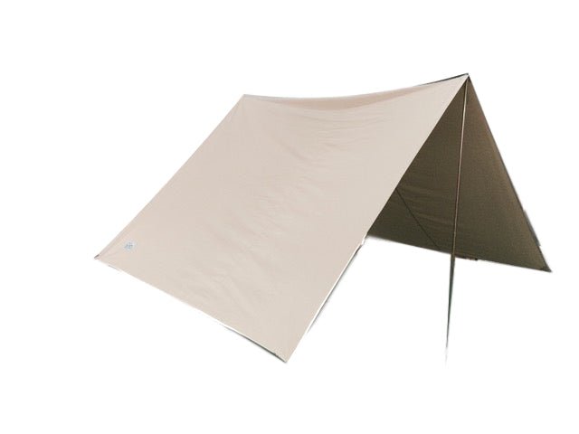 Beige camping awning with a corner peak design on a white background