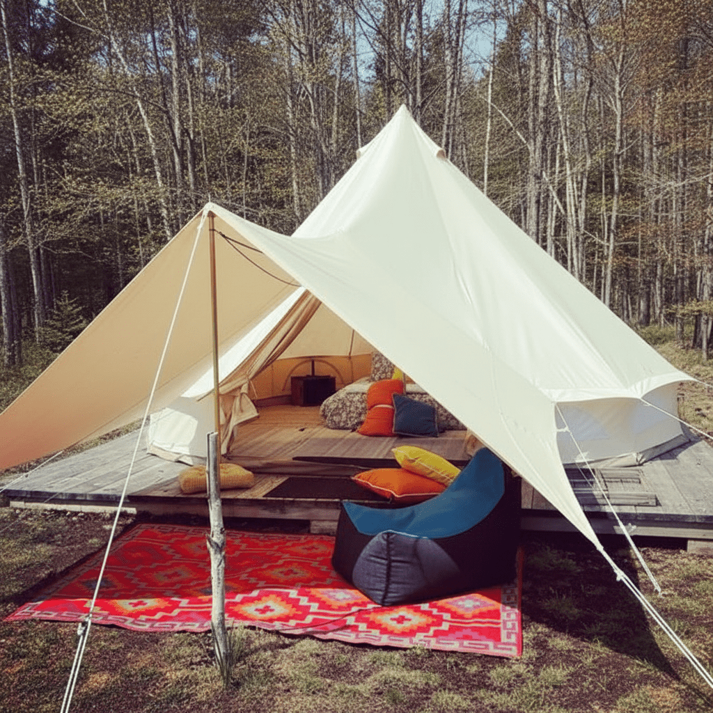 Bell tent with interior furniture and decor in a forest setting