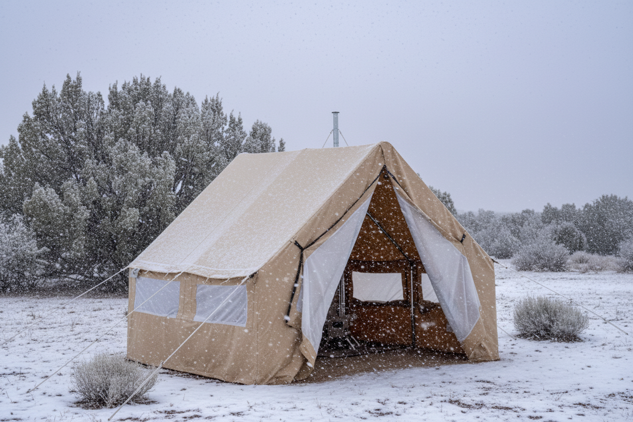 A large canvas camping tent pitched outdoors in a dry grassy landscape at sunset, with trees in the background and the tent entrance open.