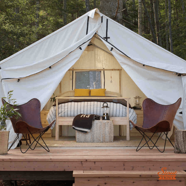 Luxury 5M Pro Double-door Stout Bell Tent interior with cozy Pacific Northwest styling and cross-ventilation.