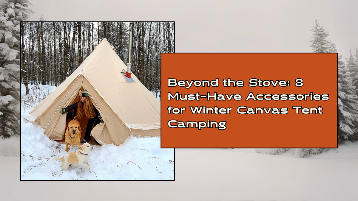 A woman exiting a canvas bell tent into a snowy campsite accompanied by two dogs.