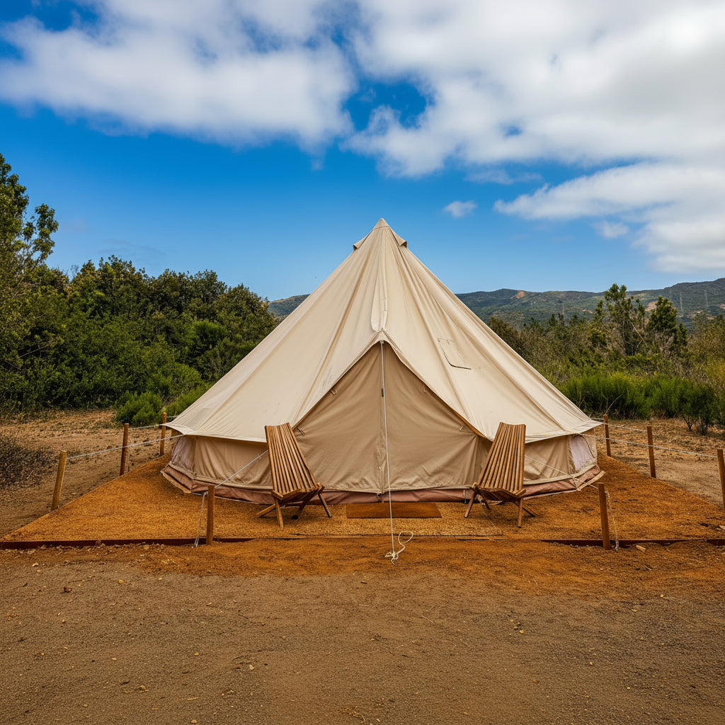 Canvas Bell Tent on platform blue sky