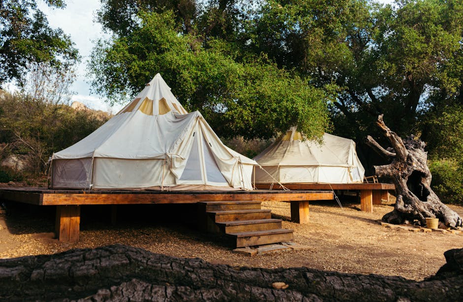 Stout Bell Tent on a wooden platform used as a permit-free backyard guest house