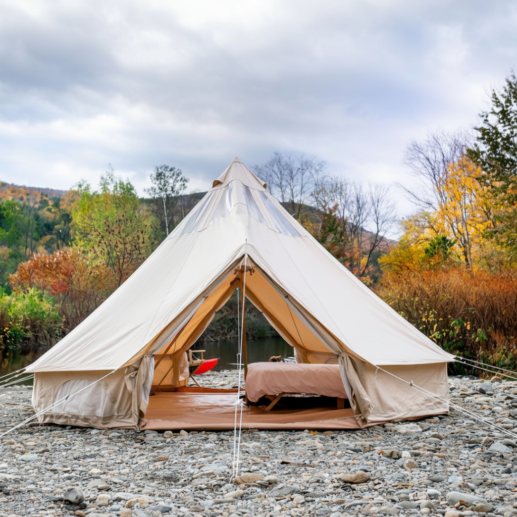 Beige bell tent in a natural setting with trees and mountains in the background