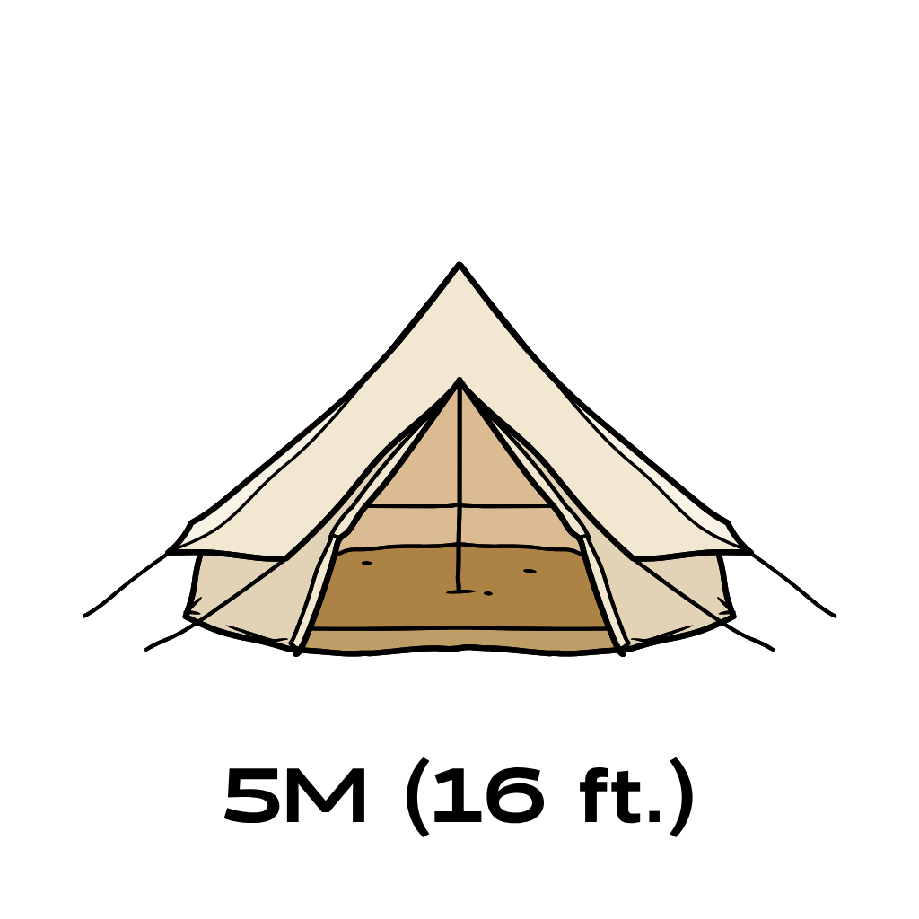 A simple line drawing of a tent on a white background with the text '5M (16 ft.)' below it, indicating the tent's height or width measurement.