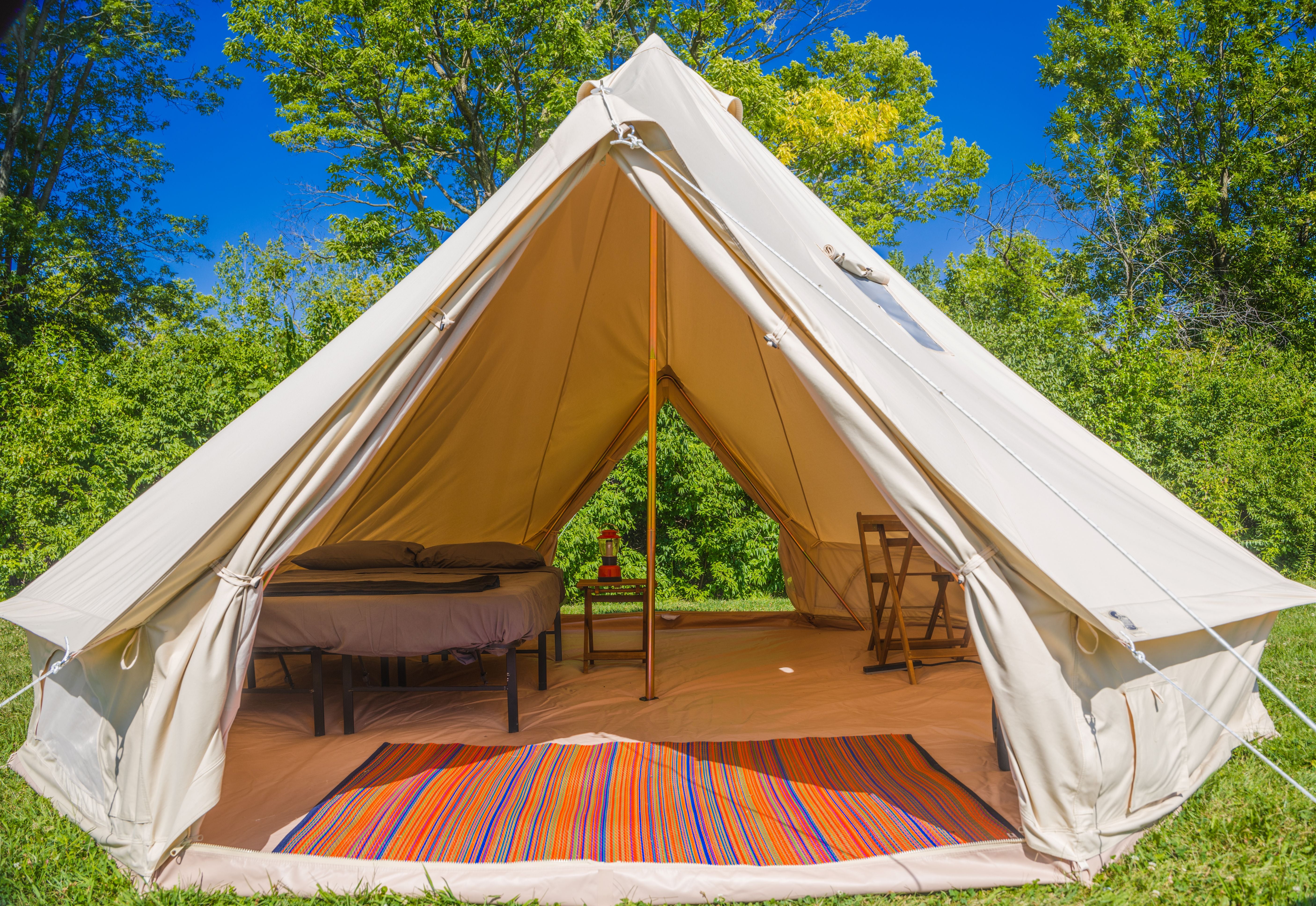 Large beige tent with interior furniture and a colorful rug in a forest setting