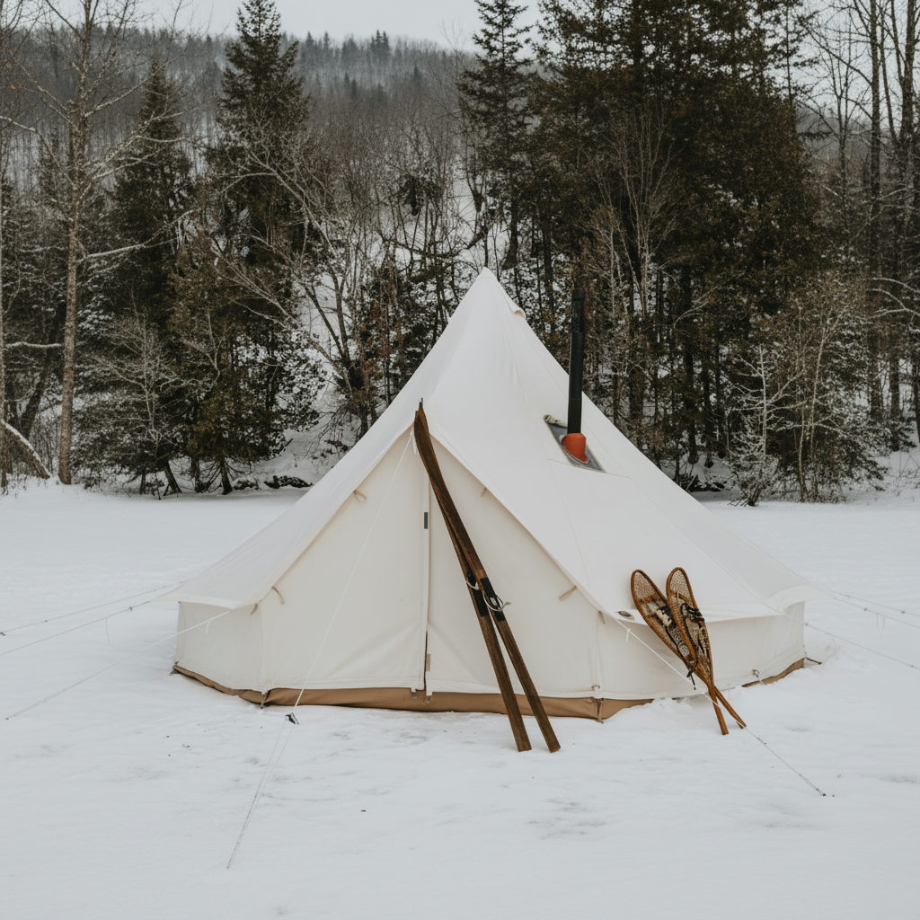 White tent with skis and snowshoes in a snowy forest