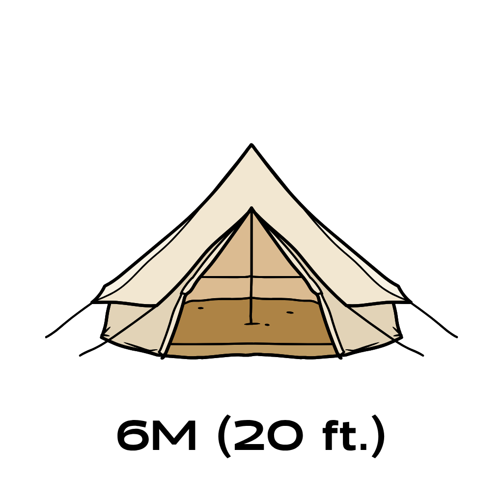 A simple line drawing of a bell tent on a white background with the text '6M (20 ft.)' below it, indicating tent height.
