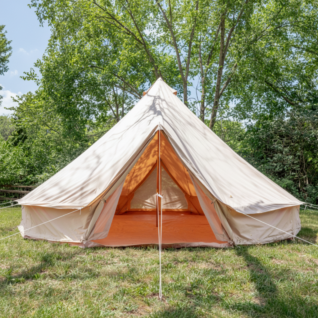 Beige bell tent with orange interior in a grassy area with trees