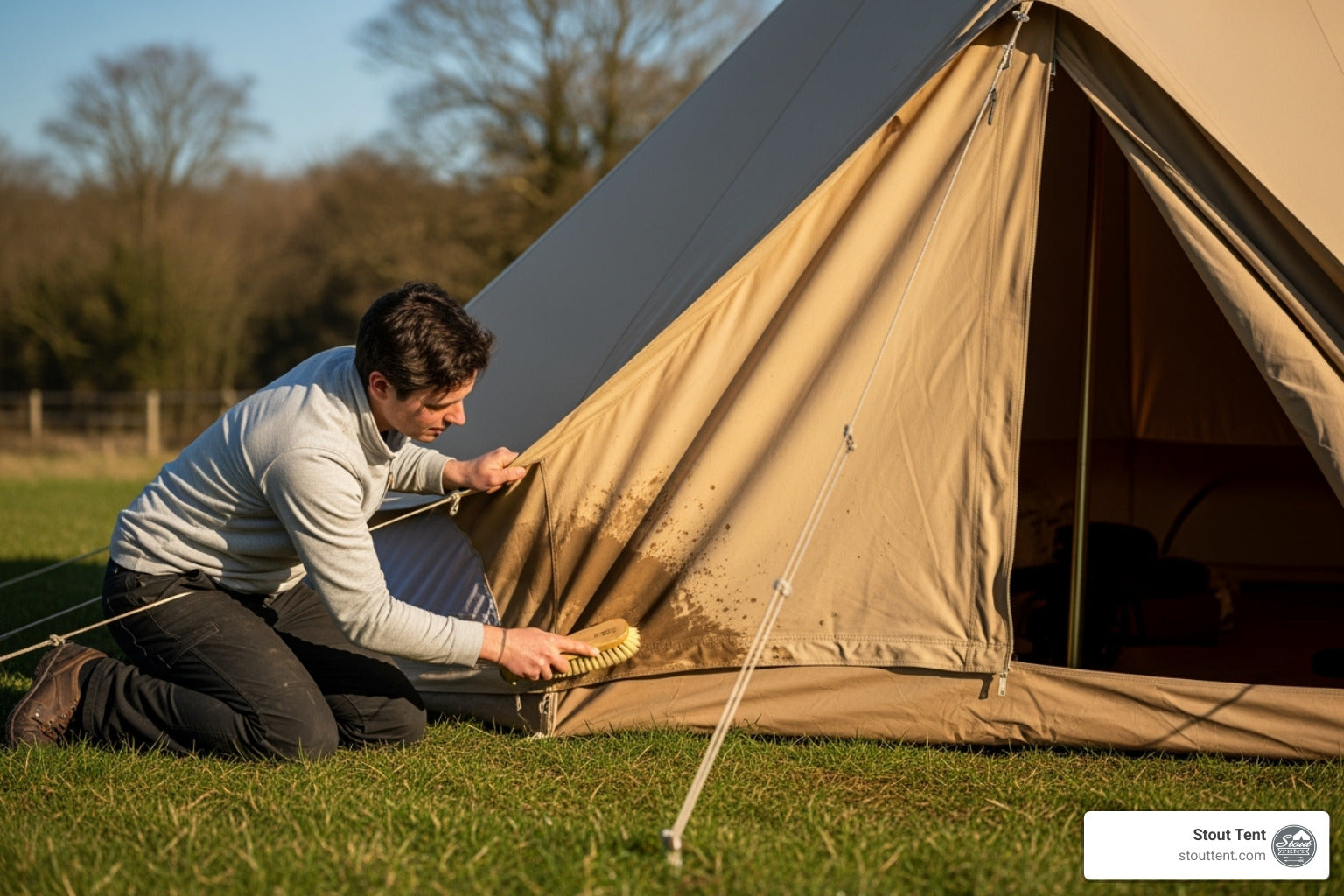 Person setting up a tent in an outdoor setting