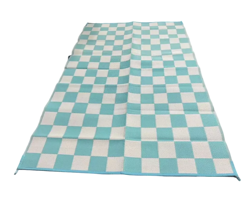 Checkered fabric with blue and white pattern on a larger patterned fabric background