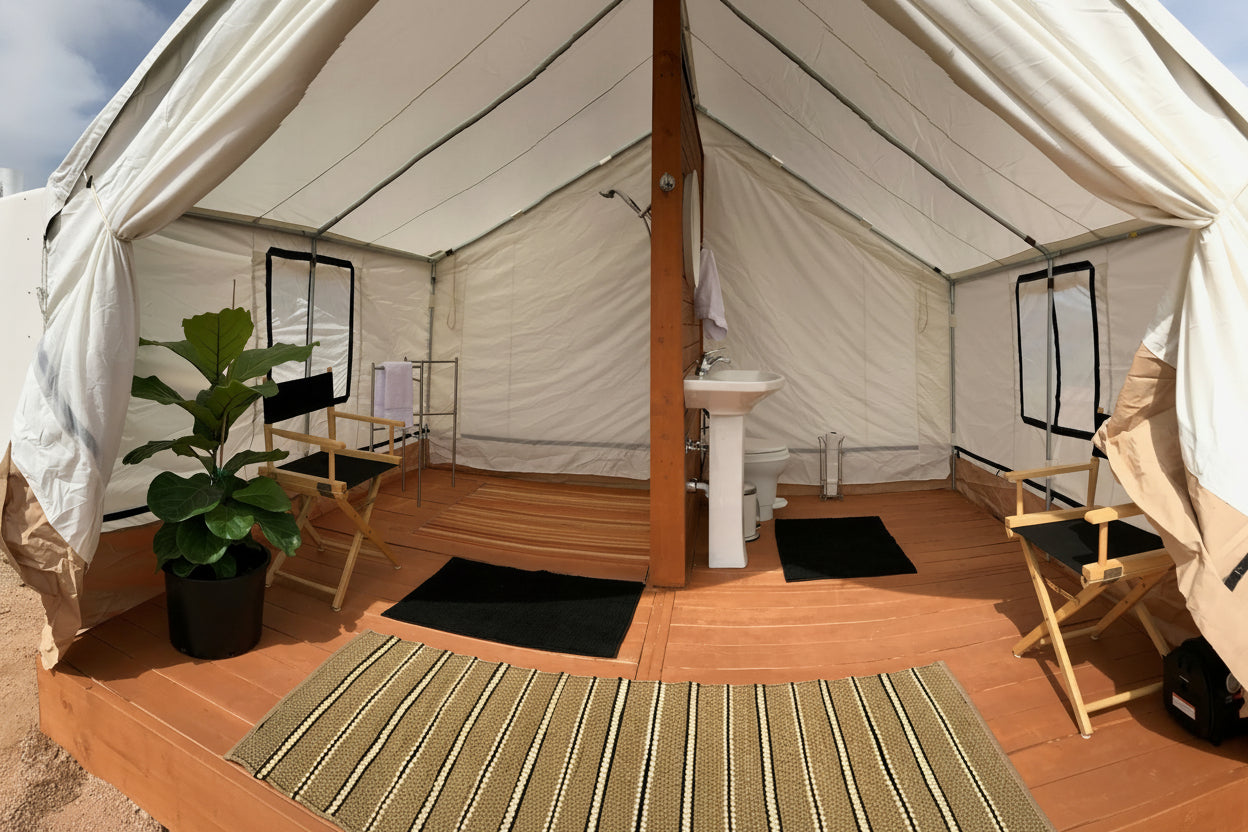 Interior of a glamping tent with wooden floor, chairs, and decor.