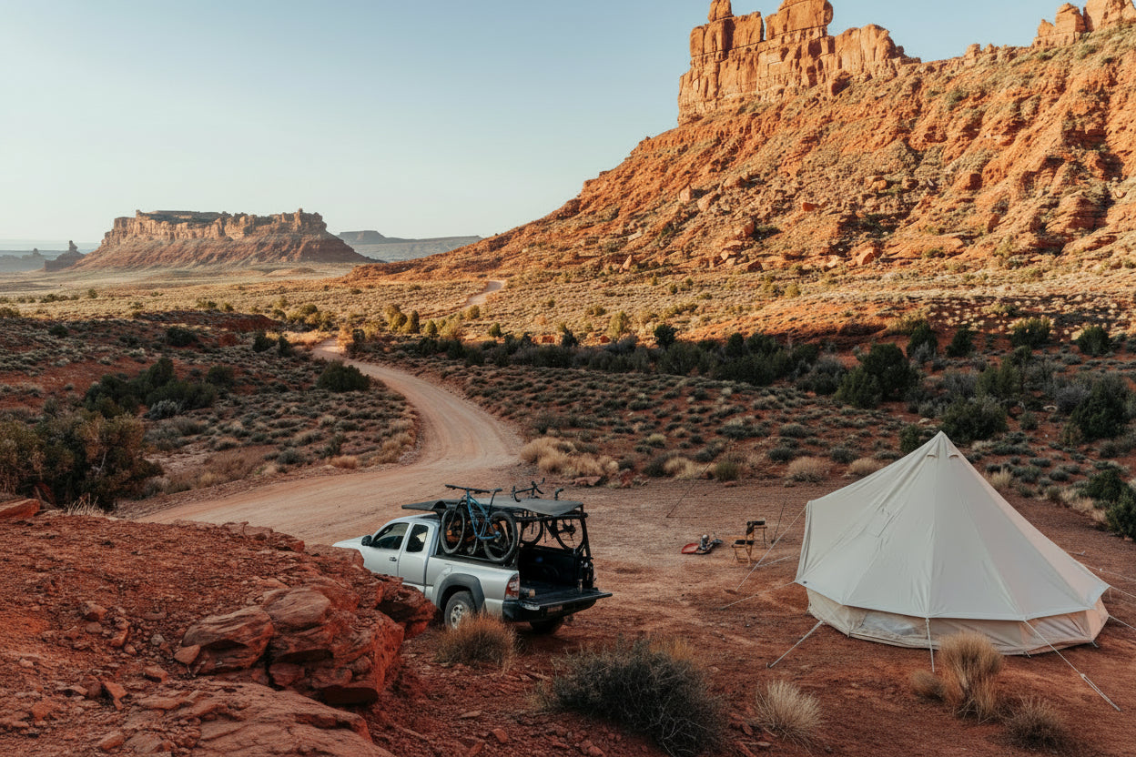Camping scene in a desert with a tent, truck, and bicycles near rocky cliffs.