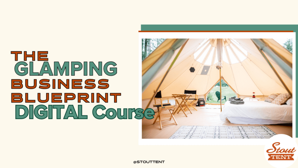 Promotional graphic for 'The Glamping Business Blueprint Digital Course' with a tent interior image.