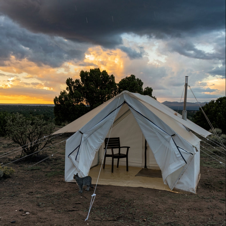 A large white canvas glamping tent with an open front door, set up outdoors on a dirt ground under a dramatic cloudy sky at sunset. A dark wooden chair is placed inside the tent.