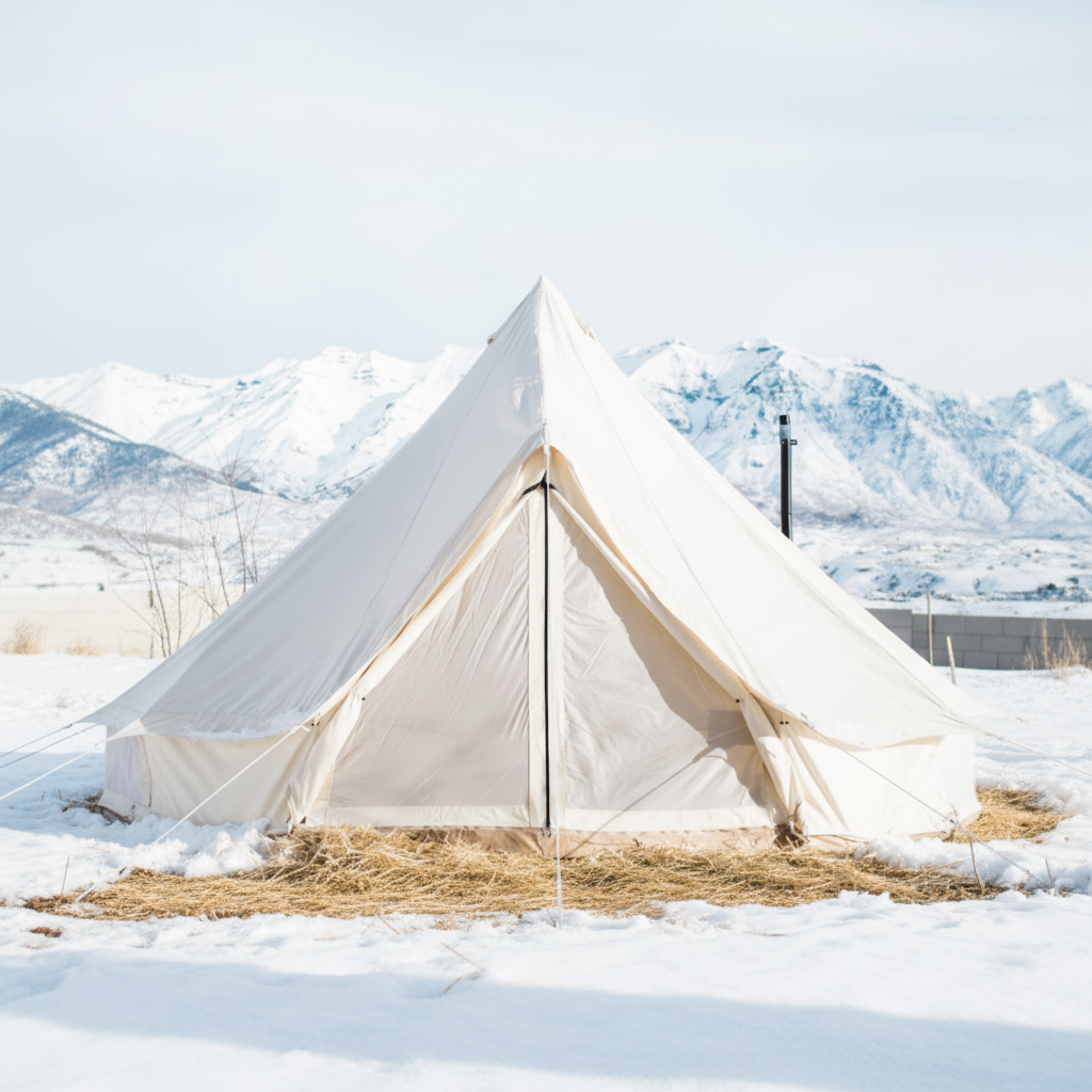White tent with a snowy mountain landscape in the background
