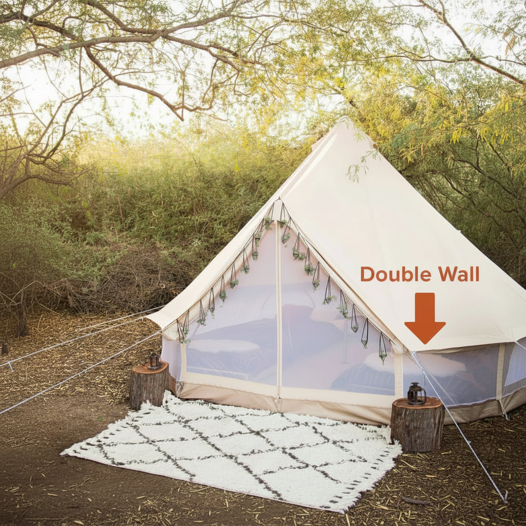 White tent with double wall feature in a forest setting