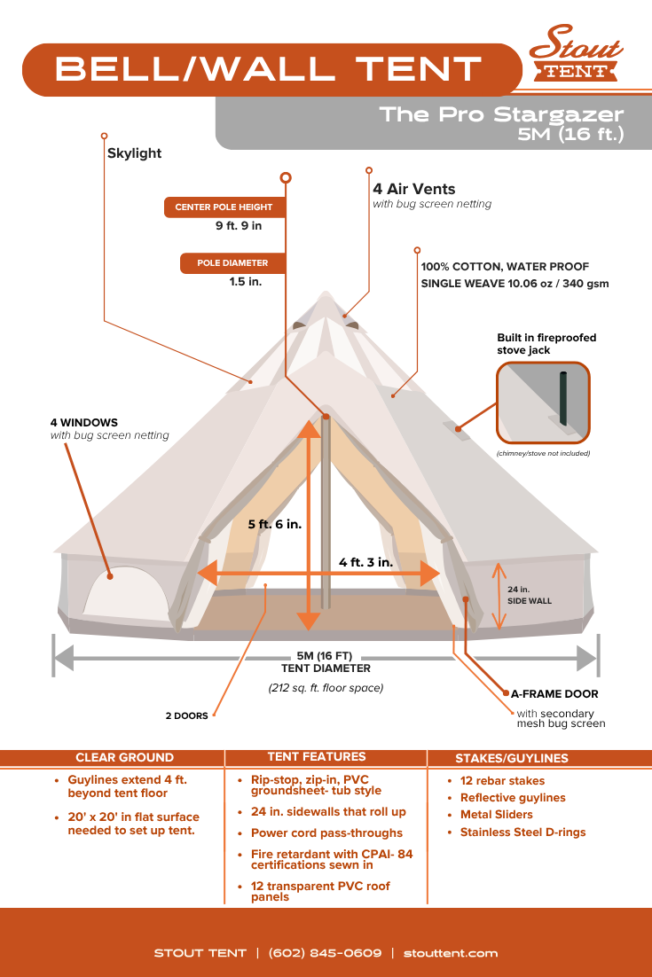 Diagram of a Stout Tent Pro Stargazer SH 16 ft. bell/wall tent with specifications.
