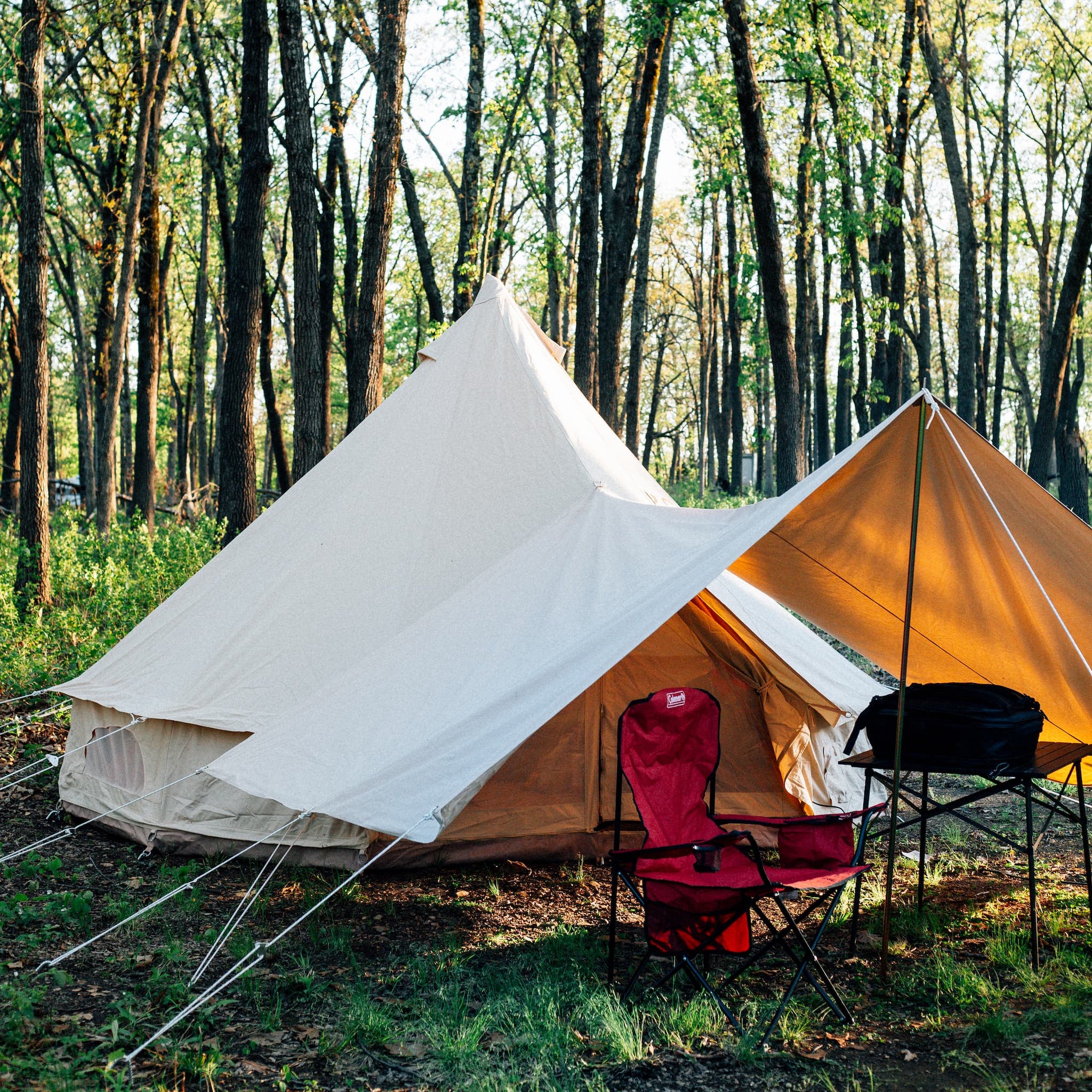 A beige bell tent and a smaller orange tent pitched in a wooded campsite, with a red folding chair and a small table in front. Tall trees fill the background.