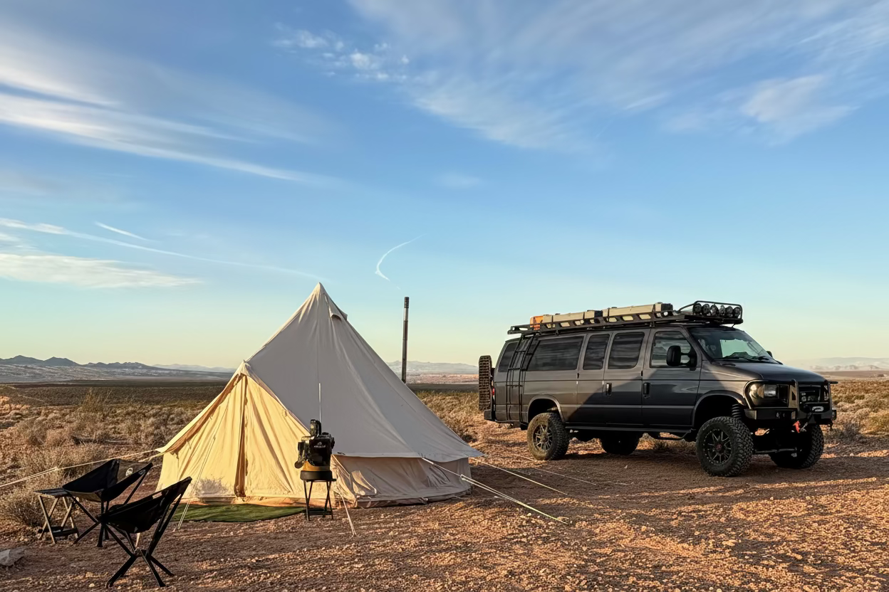 A desert campsite scene with a beige bell tent, a dark off-road vehicle, folding chairs, and a small table on rocky reddish-brown ground under a blue sky with wispy clouds.