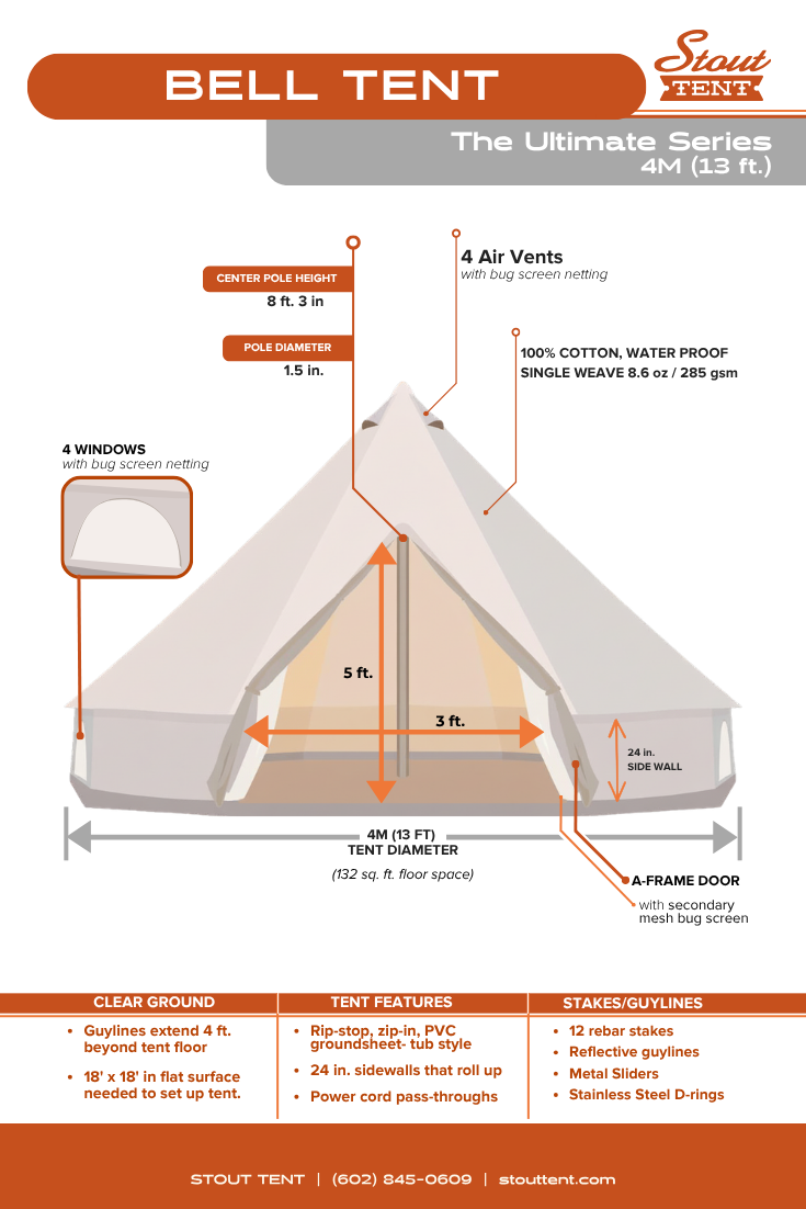A technical product diagram for the Stout Tent Bell Tent, 4M size, showing a labeled tent structure with pole heights, dimensions, air vents, windows, and feature callouts on a white background.
