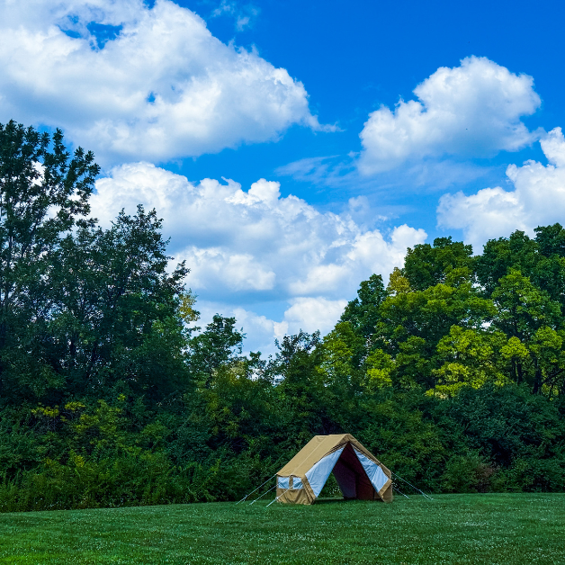 Beige wall tent in a grassy field with trees and a blue sky