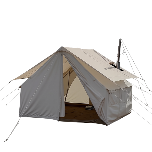 A beige and gray canvas camping tent with a pitched roof, front flap, side wall, and visible support poles, shown on a plain white background.