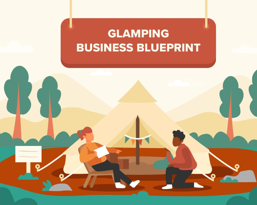 Flat vector illustration of a business meeting under a canvas tent with two people seated on chairs, trees in the background, and a hanging sign reading 'GLAMPING BUSINESS BLUEPRINT'.