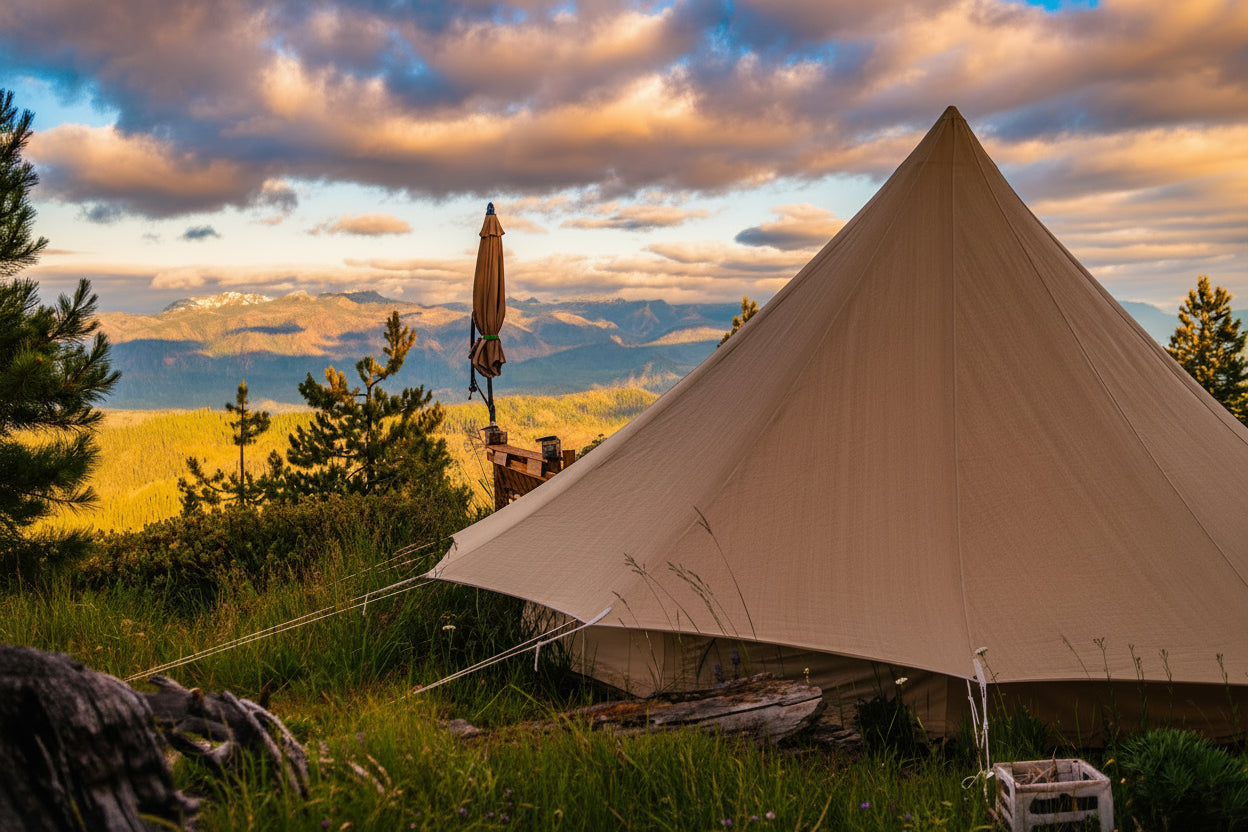 Bell tent in a mountainous landscape with a cloudy sky