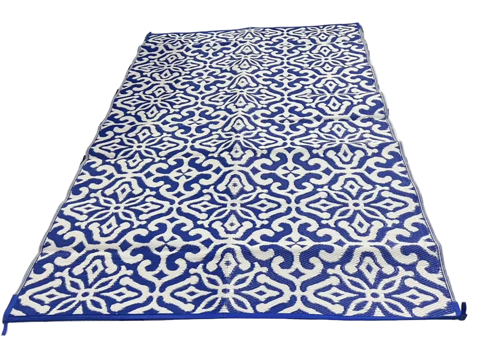 Blue and white patterned rug on a checkered floor