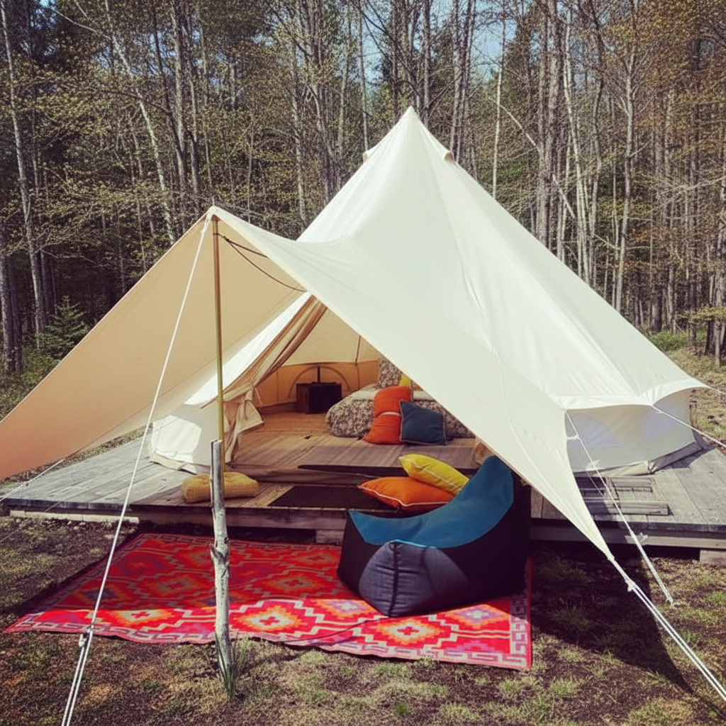 Bell tent with interior furniture and decor in a forest setting