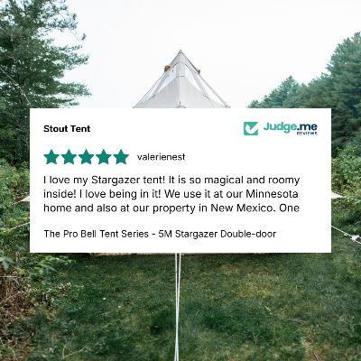 A white tent is pitched outdoors on grass with trees in the background. A large white review card is overlaid in the center, featuring a five-star rating and text from a customer named valerienest, plus the Judge.